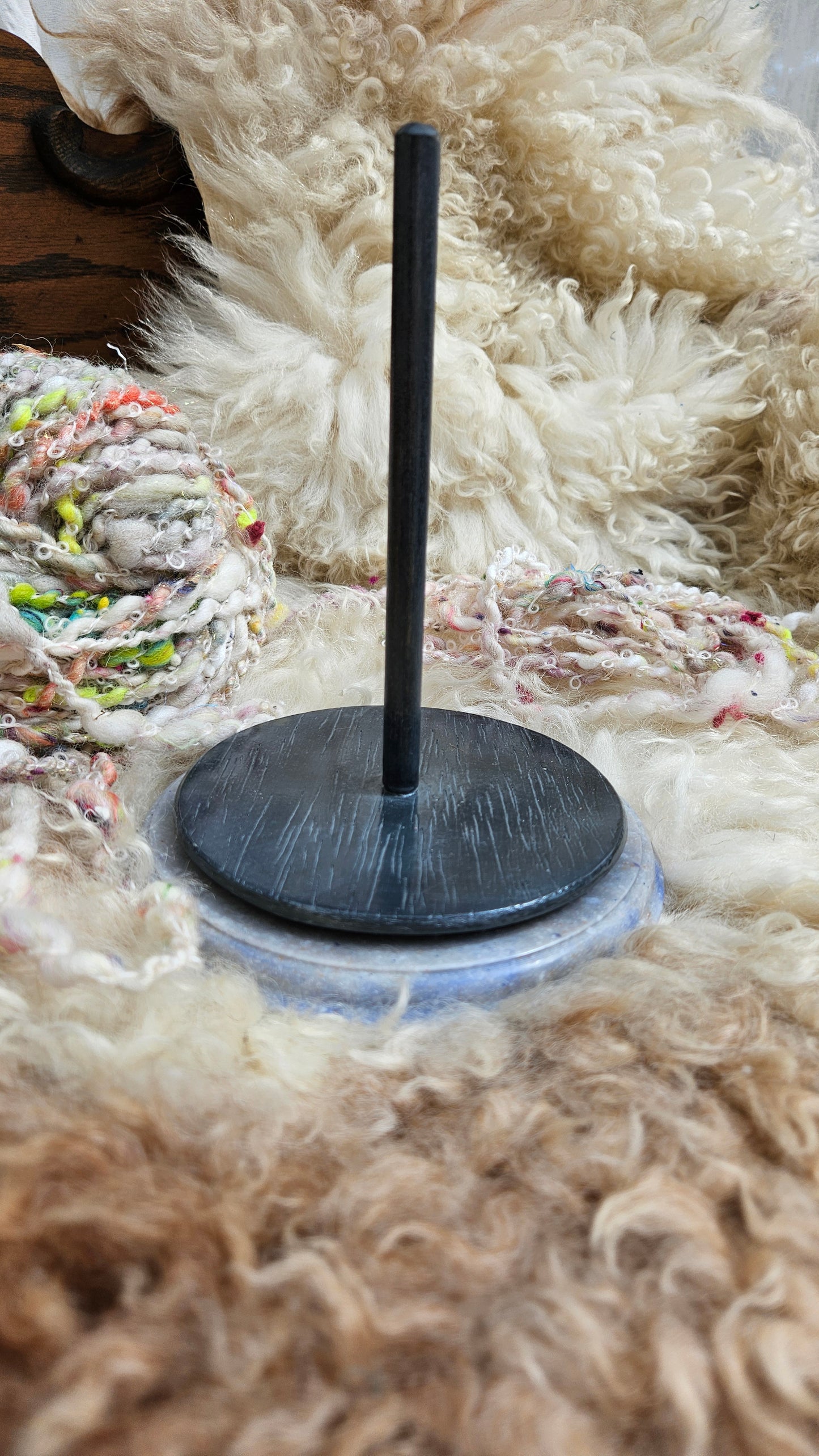 Handcrafted Yarn Bobbin Spinning Stand in Corian and Wood - M1
