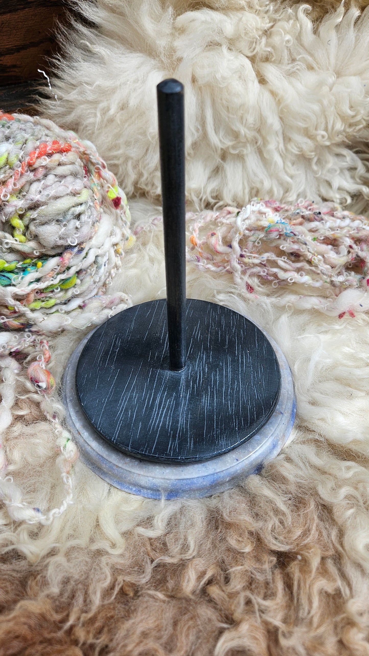 Handcrafted Yarn Bobbin Spinning Stand in Corian and Wood - M1