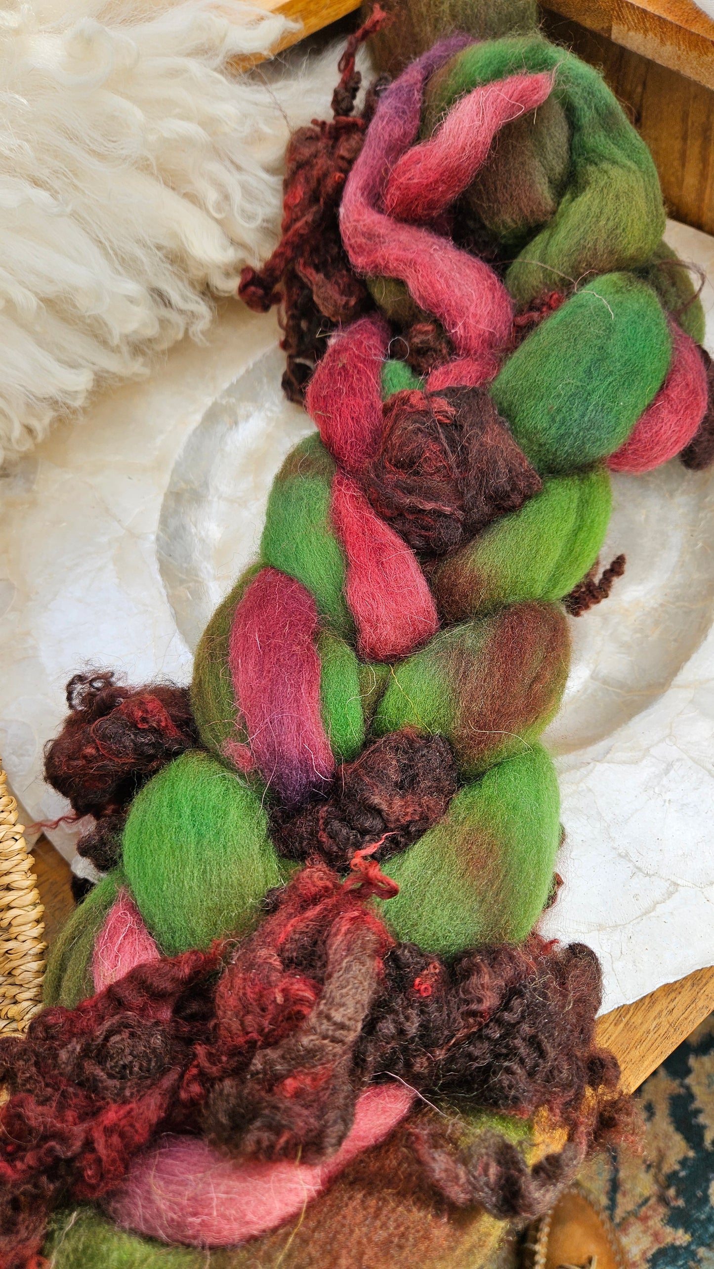 ART ROVING - hand-dyed Polwarth Churro BFL - Waterhouse Gathering Almond Blossoms Collection 101 - 4.3 oz