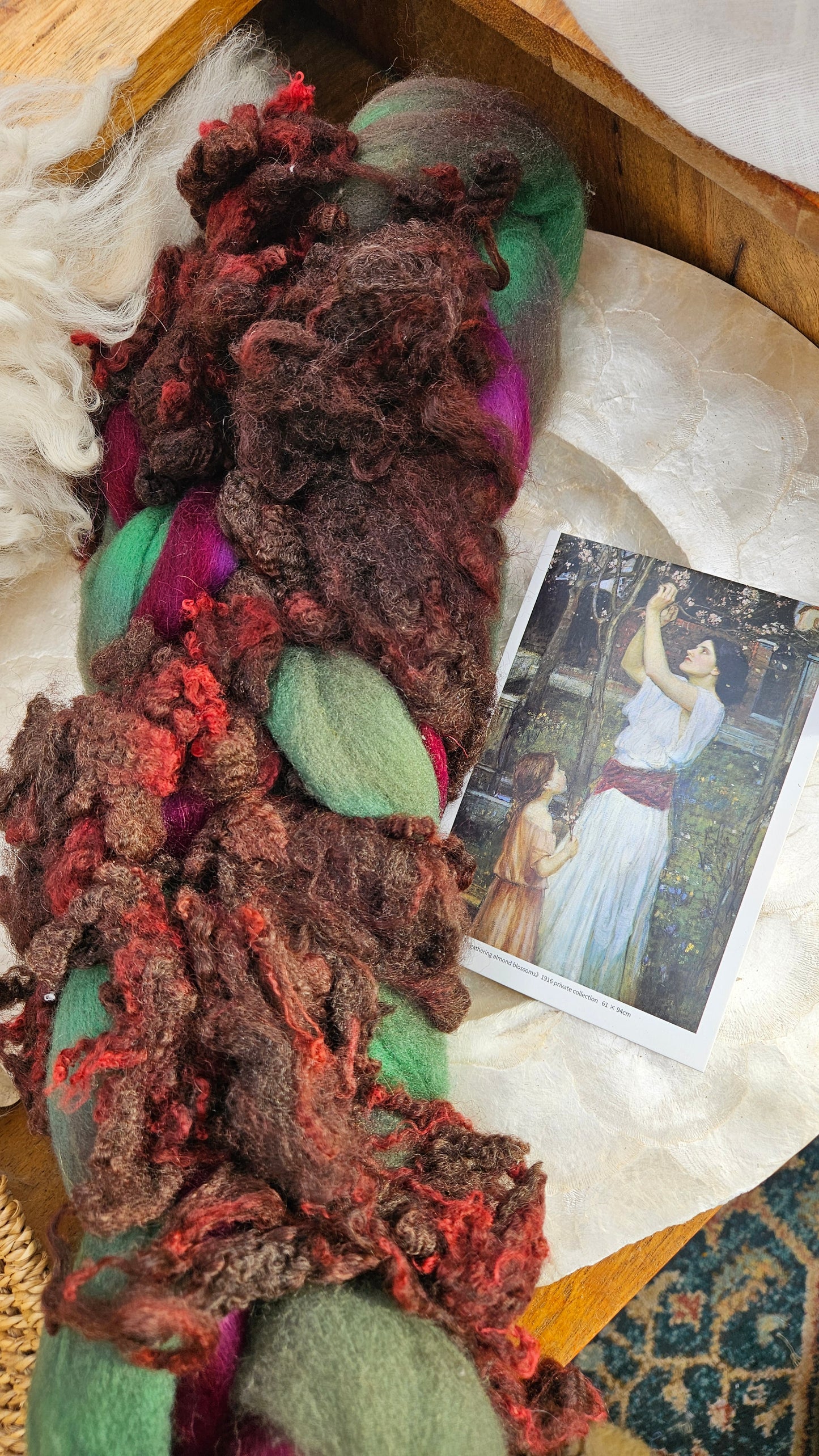 ART ROVING - hand-dyed Polwarth Churro BFL - Waterhouse Gathering Almond Blossoms Collection 104 - 4.6 oz