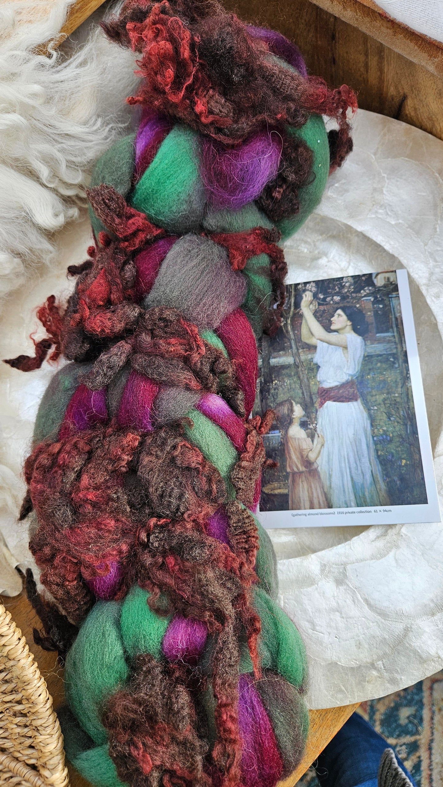 ART ROVING - hand-dyed Polwarth Churro BFL - Waterhouse Gathering Almond Blossoms Collection 106 - 4.0 oz