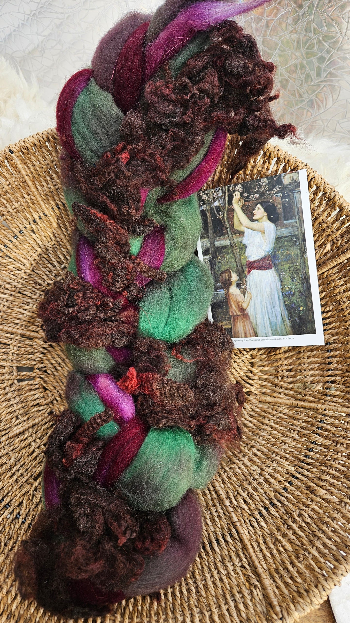 ART ROVING - hand-dyed Polwarth Churro BFL - Waterhouse Gathering Almond Blossoms Collection 108 - 3.8 oz