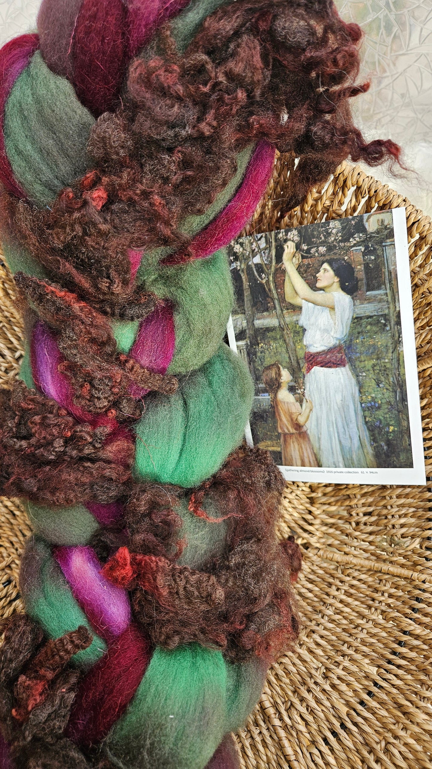 ART ROVING - hand-dyed Polwarth Churro BFL - Waterhouse Gathering Almond Blossoms Collection 108 - 3.8 oz