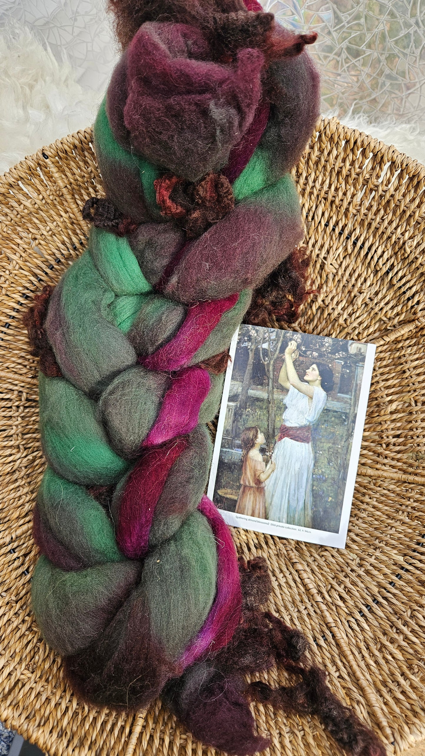 ART ROVING - hand-dyed Polwarth Churro BFL - Waterhouse Gathering Almond Blossoms Collection 108 - 3.8 oz