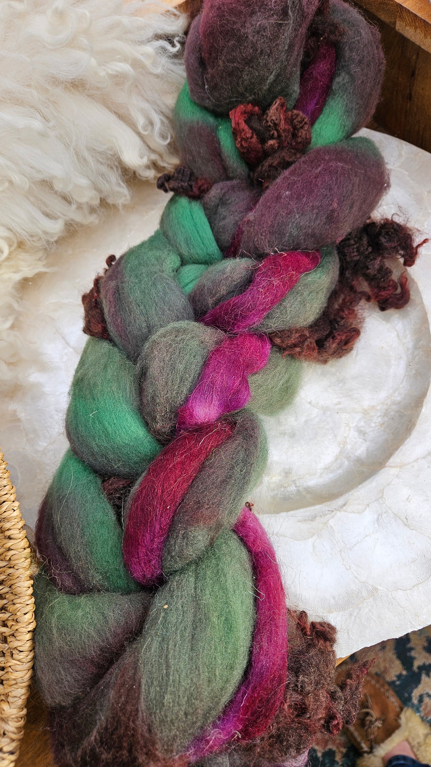 ART ROVING - hand-dyed Polwarth Churro BFL - Waterhouse Gathering Almond Blossoms Collection 108 - 3.8 oz