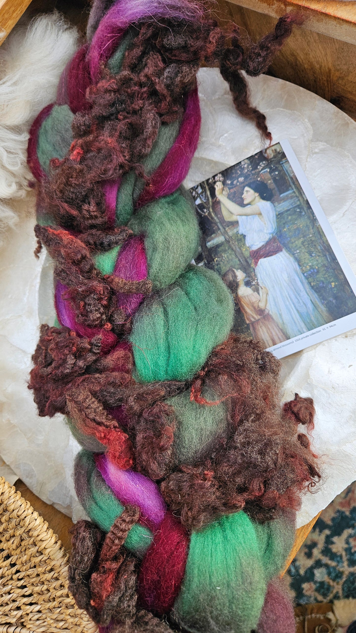ART ROVING - hand-dyed Polwarth Churro BFL - Waterhouse Gathering Almond Blossoms Collection 108 - 3.8 oz