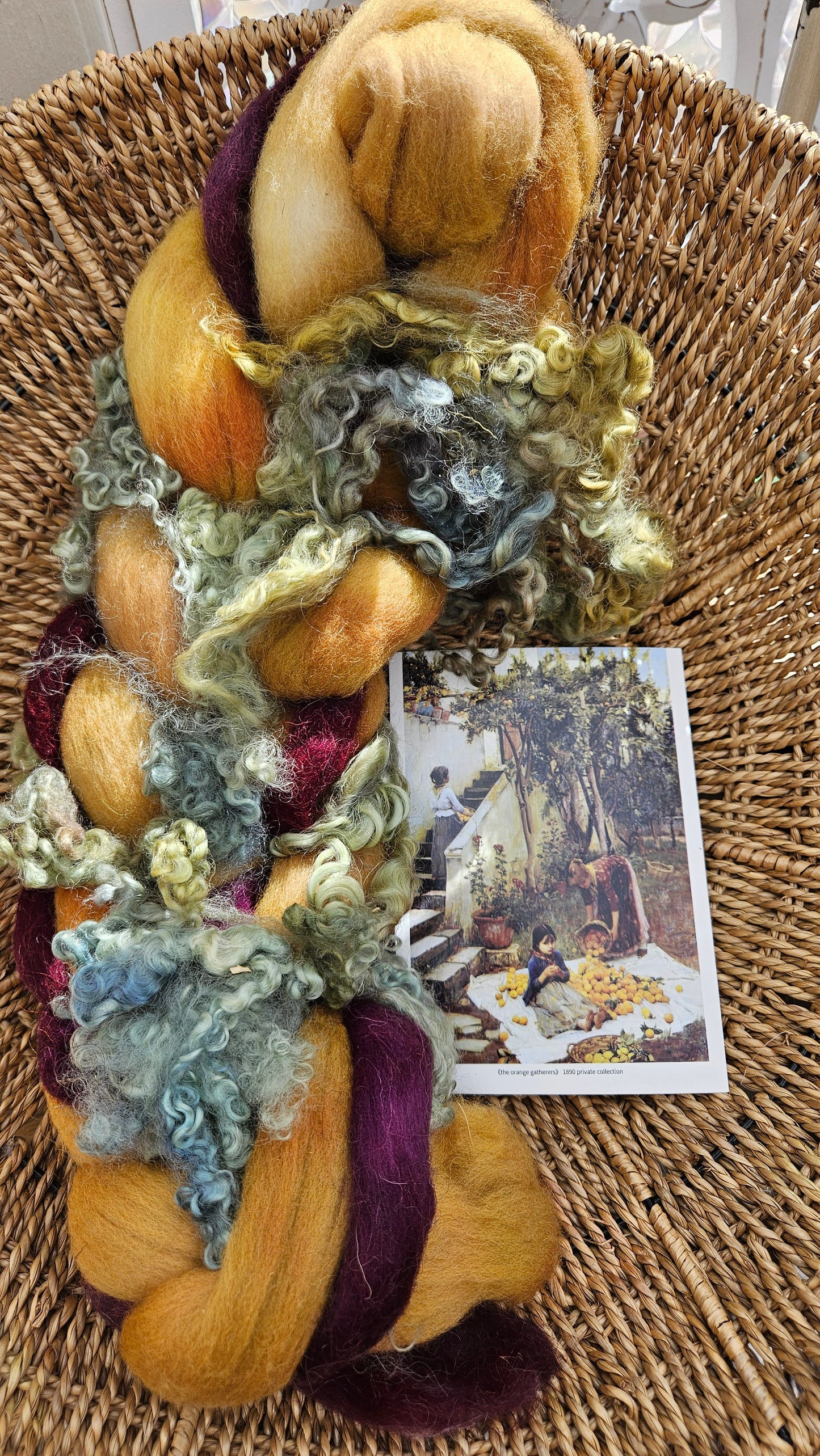 ART ROVING - hand-dyed Polwarth Churro BFL - Waterhouse Gathering Almond Blossoms Collection 108 - 4.2 oz
