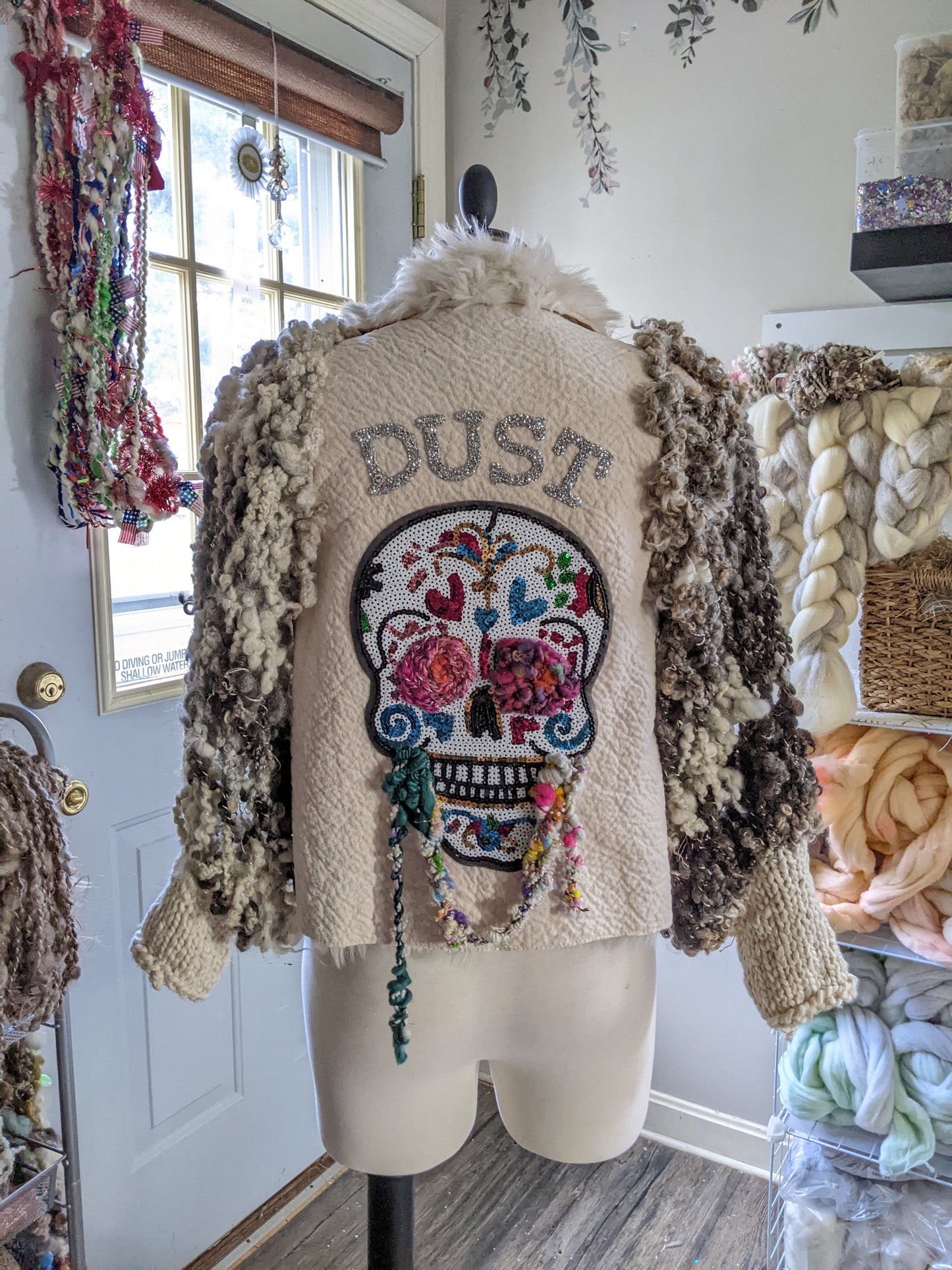DUST - freeform crochet fiber festival upcycled jacket