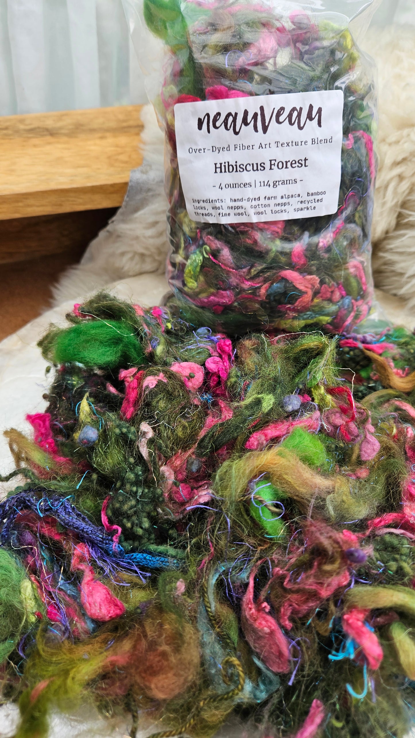 HIBISCUS FOREST - Hand-Dyed Alpaca Bamboo Texture Blend for art yarn embellishing, texture blending, felting, mixed media, and fiber art - 4 ounces | 114 grams