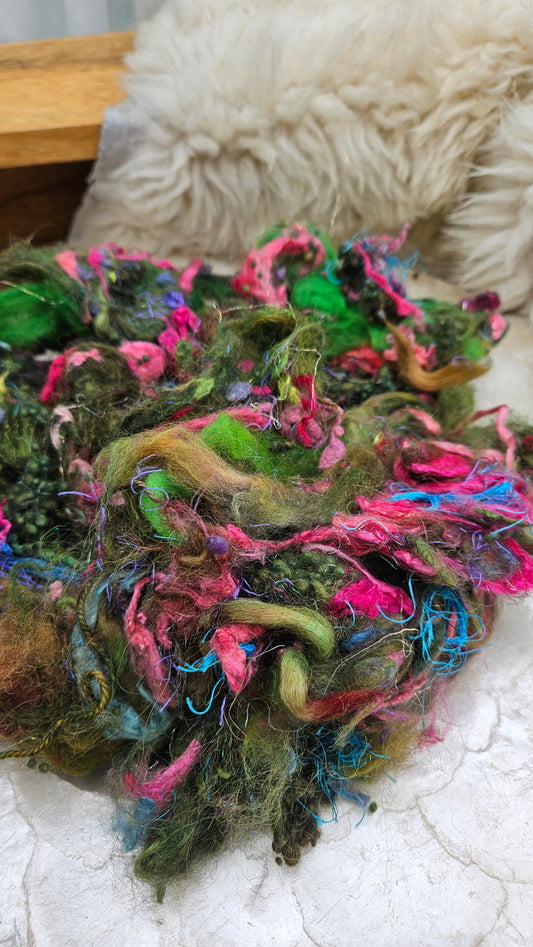 HIBISCUS FOREST - Hand-Dyed Alpaca Bamboo Texture Blend for art yarn embellishing, texture blending, felting, mixed media, and fiber art - 4 ounces | 114 grams