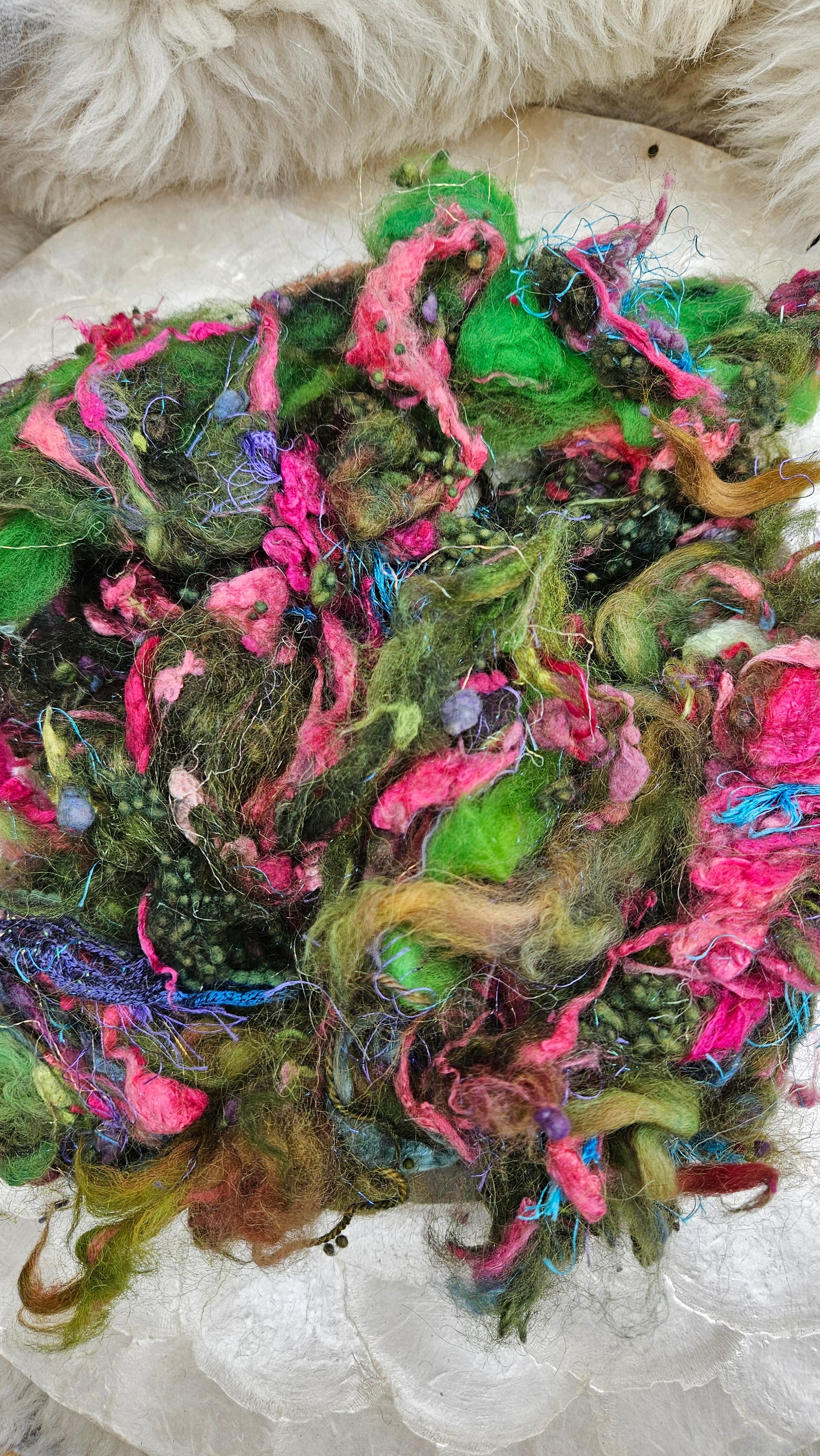 HIBISCUS FOREST - Hand-Dyed Alpaca Bamboo Texture Blend for art yarn embellishing, texture blending, felting, mixed media, and fiber art - 4 ounces | 114 grams